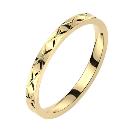 Stainless Steel Gold Criss Cross Grooved Band Ring