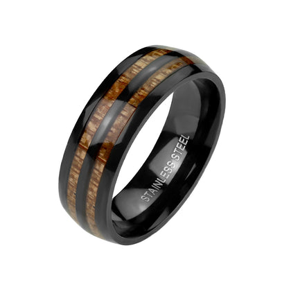 Stainless Steel Black Double Wood Inlay Center Ring