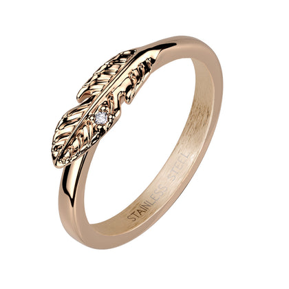 Stainless Steel Rose Gold Leaf With CZ Ring