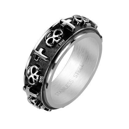 Skull and cross spinner black stainless steel ring