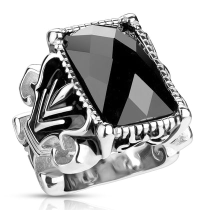 Stainless Steel Rectangle Onyx Faceted Stone Gothic Ring