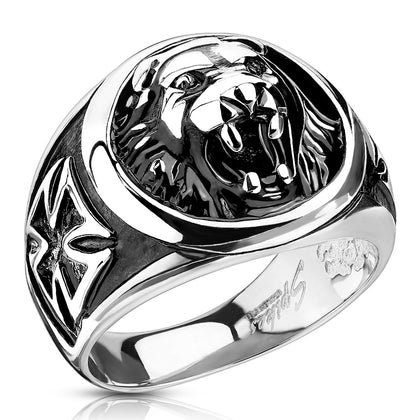 Stainless Steel Lion Head w/ Celtic Cross Cast Ring