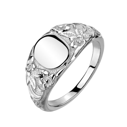 Oval engravable Floral stainless steel ring