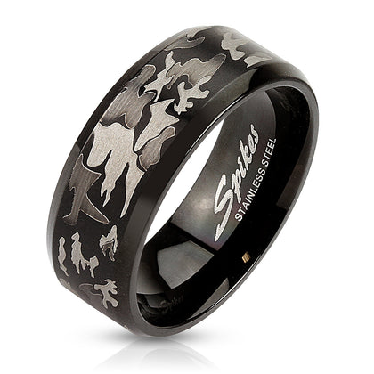 Stainless Steel Camouflage Laser Etched Black Over Band Ring