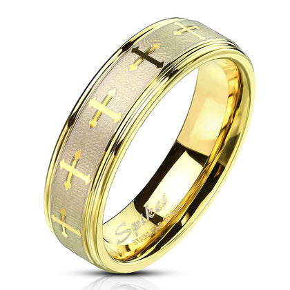 Stainless Steel Celtic Cross Gold Ring with Brushed Center Two Tone Ring