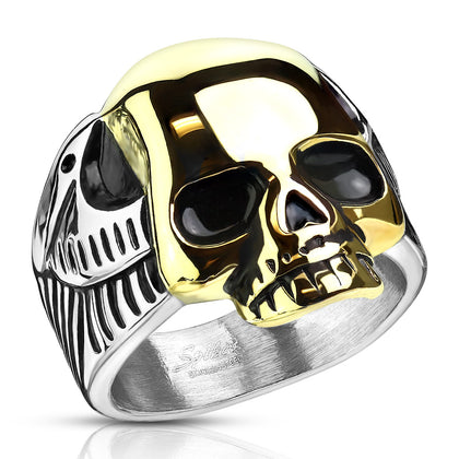 Stainless Steel Skull Gold Two Tone Biker Ring