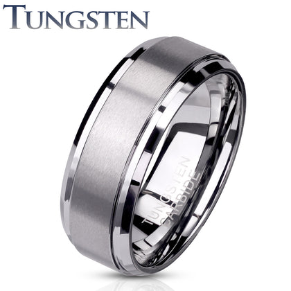 Tungsten Brushed Center Stepped Edges Ring