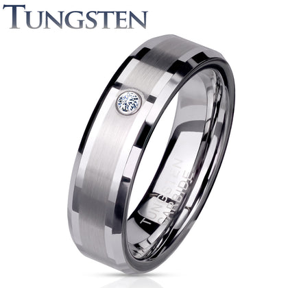 Tungsten CZ Brushed Center Beveled Edges Ring