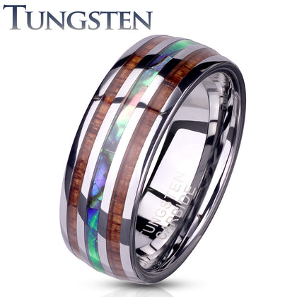 Tungsten Abalone Center and Wood Inlays Dome Ring