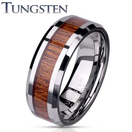 Tungsten Wood Inlay Beveled Edges Ring