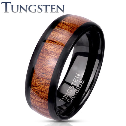 Tungsten Black Wood Inlay Beveled Edges Ring