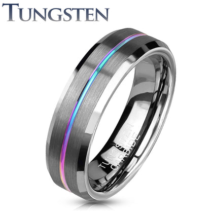 Tungsten Brushed Finish Rainbow Groove Beveled Edges Ring