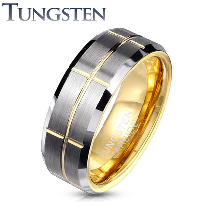 Tungsten Gold Brushed Center Cross Grooved Beveled Edges Ring