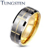 Tungsten Gold Brushed Center Cross Grooved Beveled Edges Ring