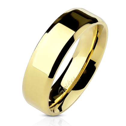 Stainless Steel Beveled Edge Flat Band Gold Ring