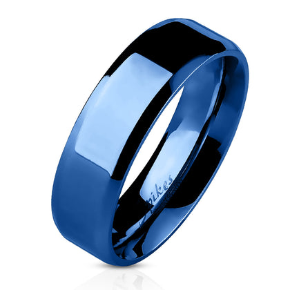 Stainless Steel Beveled Edge Flat Band Blue Ring