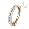 316L Surgical Steel Rose Gold PVD Double Row White CZ Pave Hinged Clicker Hoop