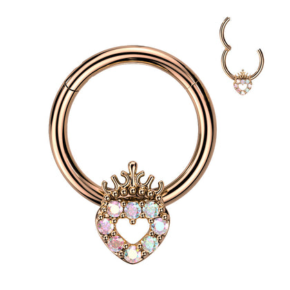 316L Surgical Steel Rose Gold PVD Aurora Borealis CZ Heart With Crown Hinged Clicker Hoop - Pierced Universe