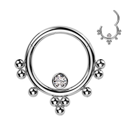 316L Surgical Steel White CZ Beaded Tribal Hinged Clicker Hoop