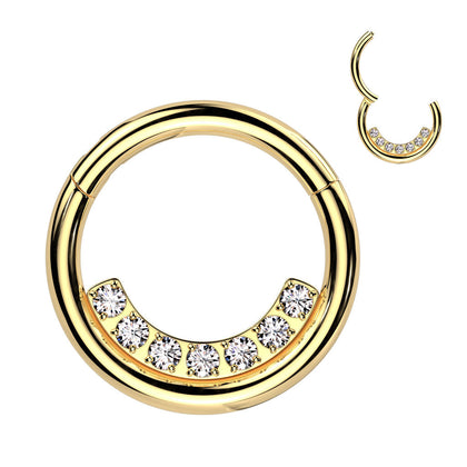 316L Surgical Steel Gold PVD White CZ Pave Line Hinged Clicker Hoop