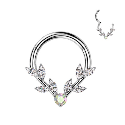 316L Surgical Steel White & Aurora Borealis CZ Vine Hinged V Shaped Clicker Hoop