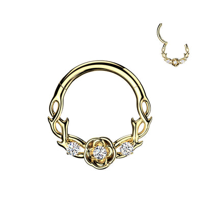 316L Surgical Steel Gold PVD White CZ Rose And Thorns Hinged Clicker Hoop