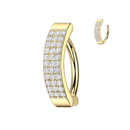316L Surgical Steel Gold PVD White CZ Wide Triple Line Pave Hinged Clicker Belly Ring