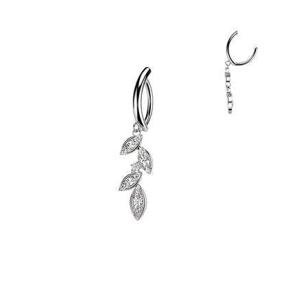 316L Surgical Steel White CZ Vine Marquise Gem Dangle Hinged Clicker Belly Ring - Pierced Universe