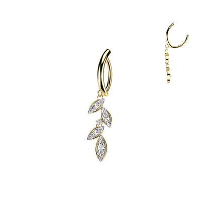316L Surgical Steel Gold PVD White CZ Vine Marquise Gem Dangle Hinged Clicker Belly Ring - Pierced Universe