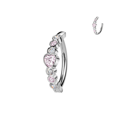 316L Surgical Steel White & Pink CZ Bezel Heart Hinged Clicker Belly Ring - Pierced Universe