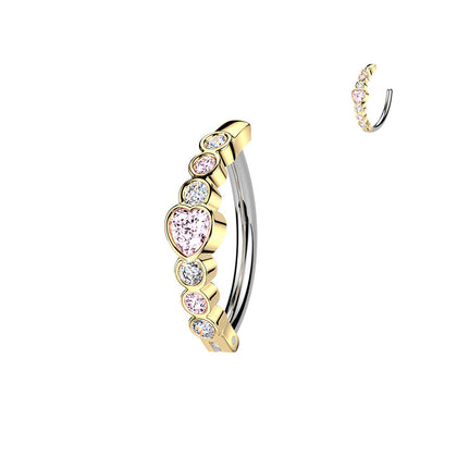 316L Surgical Steel Gold PVD White & Pink CZ Bezel Heart Hinged Clicker Belly Ring - Pierced Universe