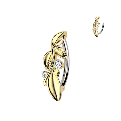 316L Surgical Steel Gold PVD White CZ Leaf Vine Petal Hinged Belly Ring - Pierced Universe