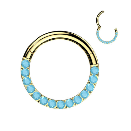 Implant Grade Titanium Gold PVD Aqua CZ Gems Pave Hinged Clicker Hoop