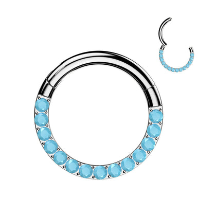 Implant Grade Titanium Aqua CZ Gems Pave Hinged Clicker Hoop