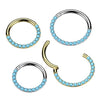 Implant Grade Titanium Gold PVD Aqua CZ Gems Pave Hinged Clicker Hoop