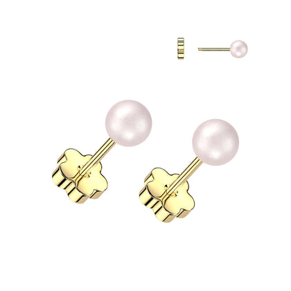 Pair of 316L Surgical Steel Gold PVD Pink Pearl Screw On Flat Back Earrings