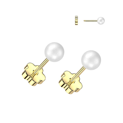 Pair of 316L Surgical Steel Gold PVD White Pearl Screw On Flat Back Earrings