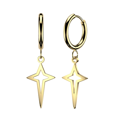 Pair of 316L Surgical Steel Gold PVD Star Cut Out Dangle Hinged Hoop Earrings