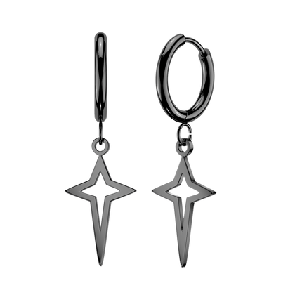 Pair of 316L Surgical Steel Black PVD Star Cut Out Dangle Hinged Hoop Earrings