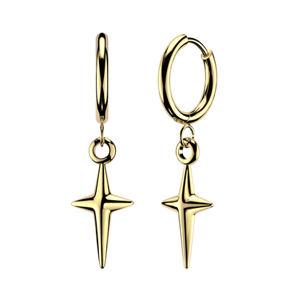 Pair of 316L Surgical Steel Gold PVD Star Starburst Dangle Hinged Earring Hoops - Pierced Universe