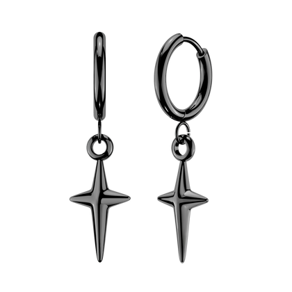 Pair of 316L Surgical Steel Black PVD Star Starburst Dangle Hinged Earring Hoops - Pierced Universe