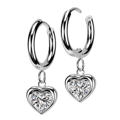 Pair of 316L Surgical Steel White CZ Heart Shaped Gem Dangle Hoop Earrings