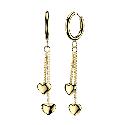 Pair of 316L Surgical Steel Gold PVD Long Heart Dangle Hoop Earrings - Pierced Universe