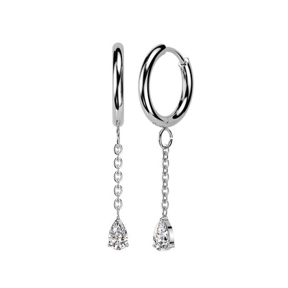 Pair of 316L Surgical Steel White CZ Long Teardrop Dangle Hinged Hoop Earrings