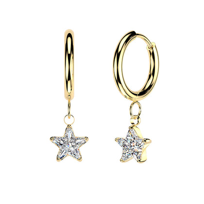 Pair of 316L Surgical Steel Gold PVD White CZ Star Dangle Hinged Hoop Earrings