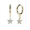 Pair of 316L Surgical Steel Gold PVD White CZ Star Dangle Hinged Hoop Earrings