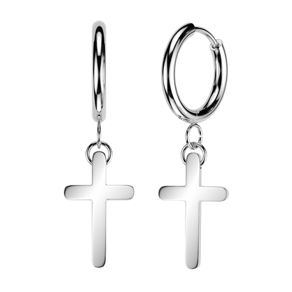 Pair of 316L Surgical Steel Minimal Rounded Cross Dangly Hoop Earrings