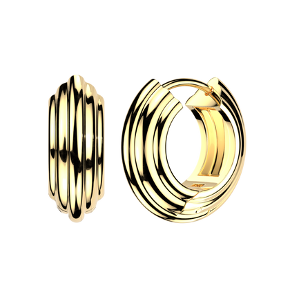 316L Surgical Steel Gold PVD Ridged Line Rounded Thick Hinged Hoop Earring