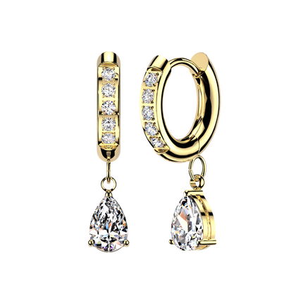 Pair of 316L Surgical Steel Gold PVD White CZ Teardrop Dangle Hinged Hoop Earrings - Pierced Universe