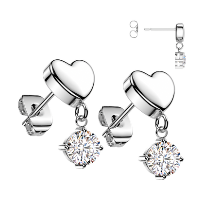 Pair of 316L Surgical Steel Heart White CZ Dangle Stud Earrings